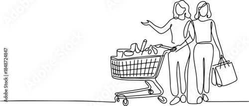 Continuous line drawing of two women shopping with a full grocery cart and shopping bags