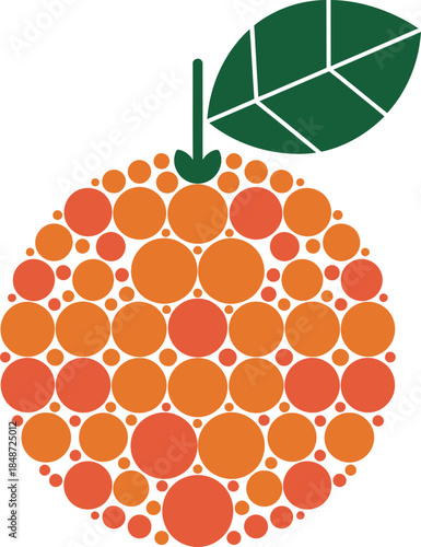 Stylized orange fruit icon with green leaf made from a collection of round shapes