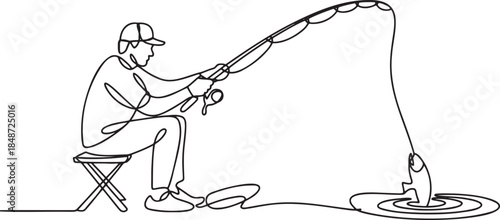 One line drawing of fisherman catching fish from boat