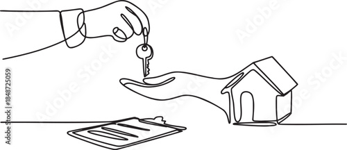 One line drawing of real estate agent giving house keys to client with clipboard and document