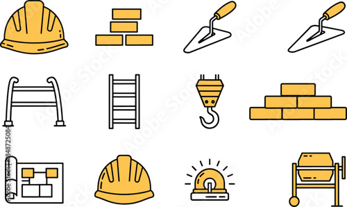 Flat Line Icons of Construction Site Tools and Building Equipment