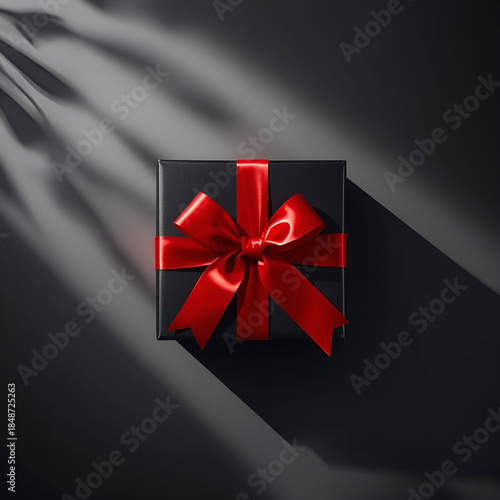 Top-down macro shot of black gift box with bright red ribbon.