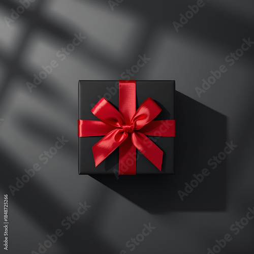Top-down macro shot of black gift box with bright red ribbon.