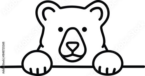 Minimalist black and white line art illustration of a cute bear peeking over a horizontal line