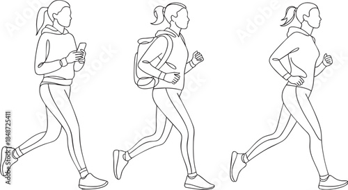 Continuous line drawing of a woman jogging in three dynamic poses with smartphone and backpack in a minimalist black and white outline style, vector illustration