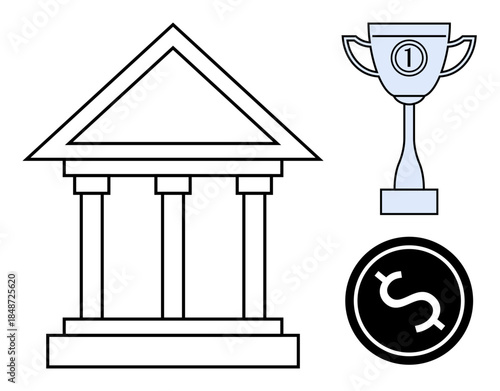 Financial institution symbols. Bank building, dollar sign for finance, and trophy success in banking. Financial success and economic achievements illustration. Perfect for economics, banking