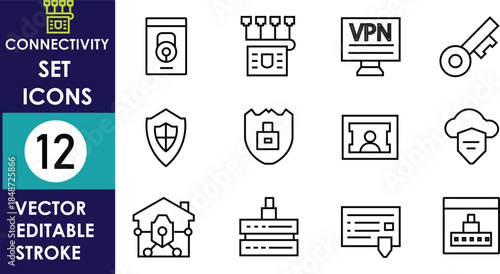 Minimal line icons representing secure connectivity, VPN, cloud storage, servers, cybersecurity, access control, and networking tools, presented as a clean, editable vector icon set