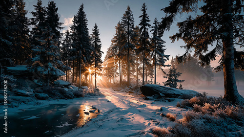 Sunrise view in the snowy forest - ai generative