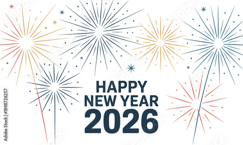 Happy new year 2026 celebration with colorful fireworks burst isolated on transparent background design element