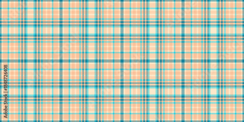 Dimensional seamless textile plaid, harmony check background fabric. Paper vector tartan pattern texture in cyan and orange colors.