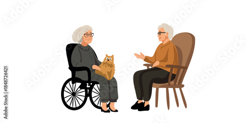 elderly friends sharing stories on mobility device