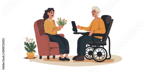 elderly people chatting on electric wheelchair