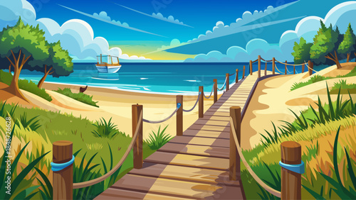 Very beautiful summer view of Kohler-Andrae State Park in Sheboygan, Wisconsin, featuring a wooden boardwalk through sand dunes with rope fence leading toward blue Lake Michigan.