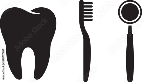 Tooth icon toothbrush icon and dental mirror medical tool for oral hygiene dentistry