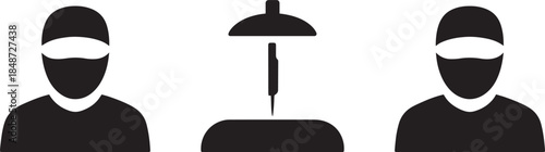 Two figures wearing face masks and surgical caps beside medical equipment icon