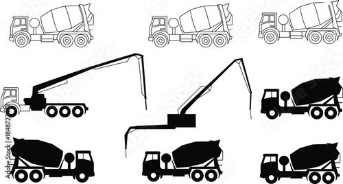 Concrete Mixer and Pump Trucks in Silhouette and Outline Style for Construction, Industrial Transport, and Heavy Equipment Vector Illustration