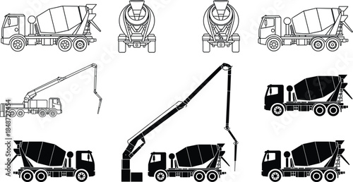 Set of Concrete Mixer and Pump Trucks in Silhouette and Line Art Style for Construction Equipment and Heavy Vehicle Illustration