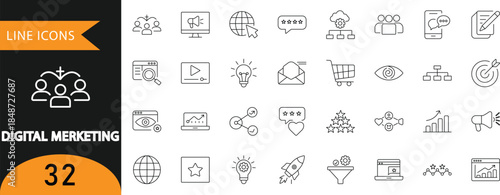 A modern set of 32 digital marketing line icons featuring analytics, social media, advertising, SEO, engagement, and growth symbols. Ideal for marketing presentations, online business infographics, da