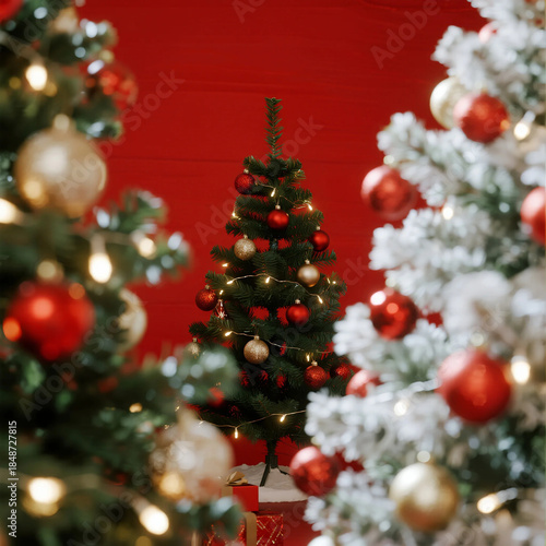 A beautifully decorated green fir Christmas tree stands adorned with festive red balls, golden ornaments, and a glowing star for a joyful December holiday celebration