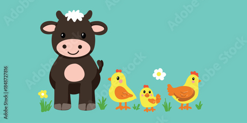 cartoon cow with little chicks farm illustration