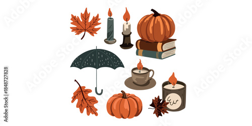 autumn elements set with pumpkin candles leaves umbrella