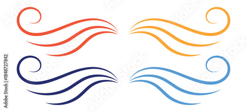 Elegant colorful wind swirls with spiral endings, decorative abstract flourishes for graphic ornamentation