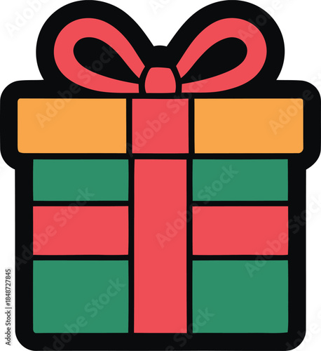 A simple cartoon icon of a colorful gift box wrapped in red and green paper with a bow on top