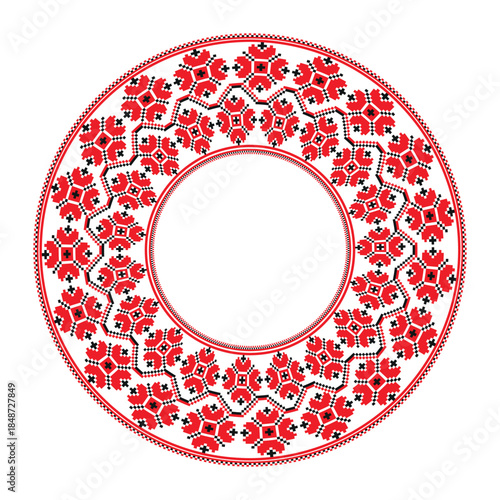 Round frame with floral pattern in slavic ethnic style. Traditional folk embroidery round frame. Ukrainian, Belarusian, Bulgarian, Slavic embroidery. Folklore. Ethnic design, cultural symbol, heritage