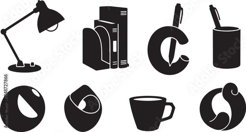 Modern office supplies and symbols in black