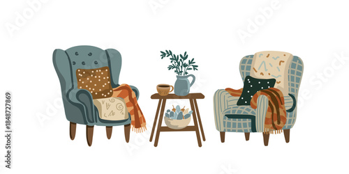 vintage armchairs near small table interior composition