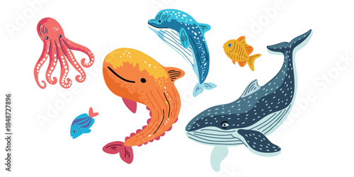 playful kids marine animals set dolphin whale octopus fish