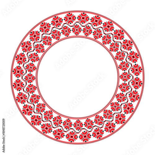 Round frame with arabesques and floral pattern in slavic ethnic style. Traditional folk embroidery round frame. Ukrainian, Belarusian, Bulgarian, Slavic embroidery. Folklore. Cross stitch patterns