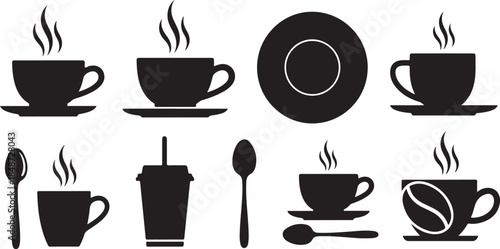 Black silhouettes of coffee cups and utensils on white
