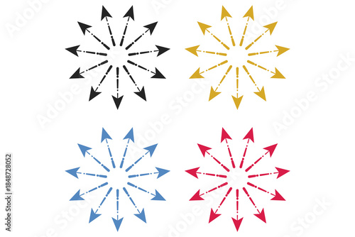 Dashed radial arrows pointing outwards from a center, circular expansion and dispersion graphics