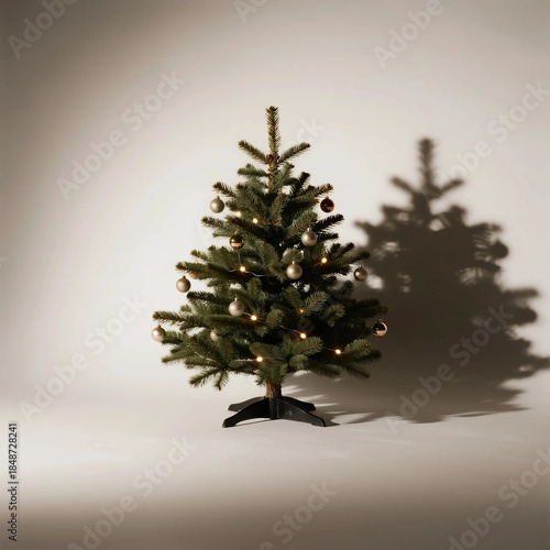 A golden Christmas tree decorated with stars and ornaments celebrates the winter holiday season as a festive fir for a merry New Year