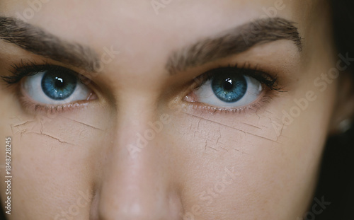 Woman with cracked on face as cosmetic and dehydration effect concept.