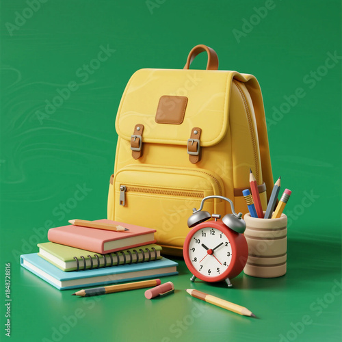 Colorful back to school concept featuring a stack of books, stationery supplies like pencils and pens, and an alarm clock on a green board for a creative learning and education background