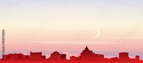 Red panoramic poster of the city skyline with misty background buildings, sunrise, moon and clouds of BOLOGNA, ITALY