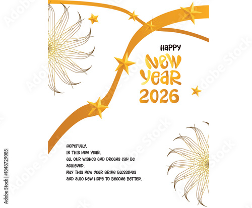 Happy New Year 2026 Greeting Card with Gold Stars and Inspirational Message