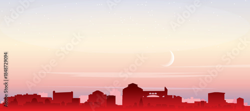 Red panoramic poster of the city skyline with misty background buildings, sunrise, moon and clouds of FLORENCE, ITALY