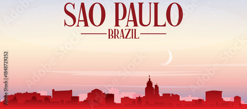 Red panoramic poster of the city skyline with misty background buildings, sunrise, moon and clouds of SAO PAULO, BRAZIL