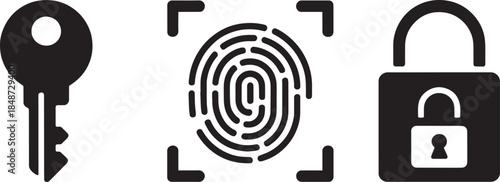 Key, Fingerprint Scan, and Padlock Icons on White Background