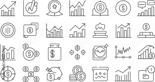 Financial Icons Set with Graphs, Charts, and Money Symbols