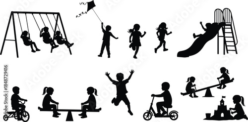Children playground silhouette set, kids playing on swing, slide, seesaw, riding bike, flying kite, sandcastle, childhood fun, isolated vector, icons