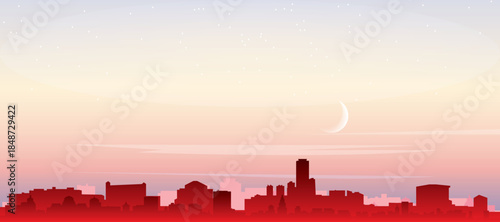 Red panoramic poster of the city skyline with misty background buildings, sunrise, moon and clouds of RIO DE JANEIRO, BRAZIL