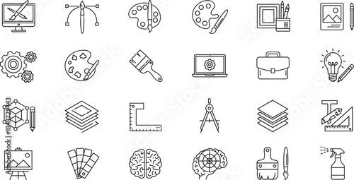 Creative design and art tool line icon set, graphic designer equipment, painting supplies, brush, palette, digital drawing, architecture, brain, vector
