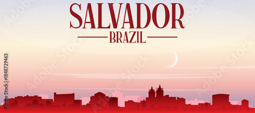 Red panoramic poster of the city skyline with misty background buildings, sunrise, moon and clouds of SALVADOR, BRAZIL