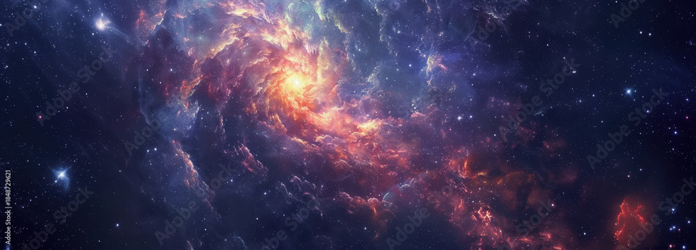 Fototapeta premium Celestial Tapestry: A mesmerizing cosmic display unfolds, showcasing a vibrant nebula. Witness the dance of light and color amidst the vast expanse, hinting at the universe's infinite wonders.