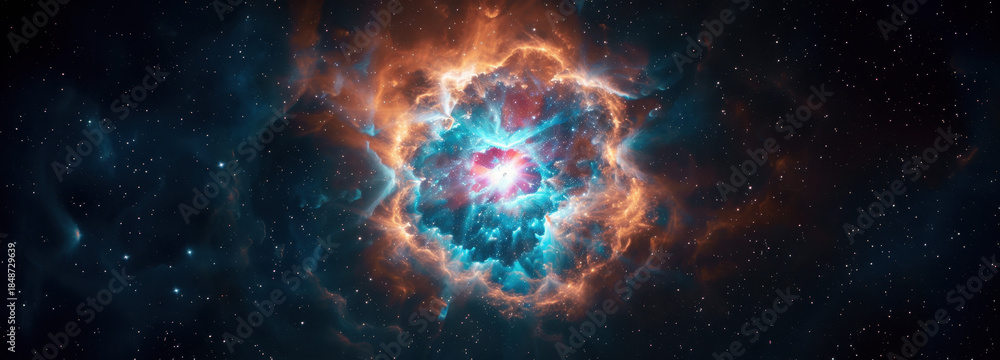 Obraz premium Celestial Symphony: A vibrant nebula blossoms in the depths of space, showcasing an awe-inspiring dance of cosmic colors, a testament to the universe's boundless beauty.