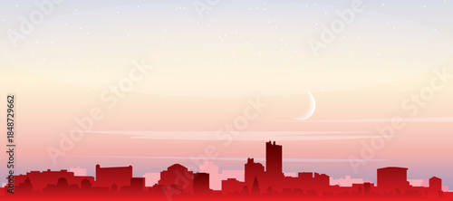 Red panoramic poster of the city skyline with misty background buildings, sunrise, moon and clouds of CURITIBA, BRAZIL